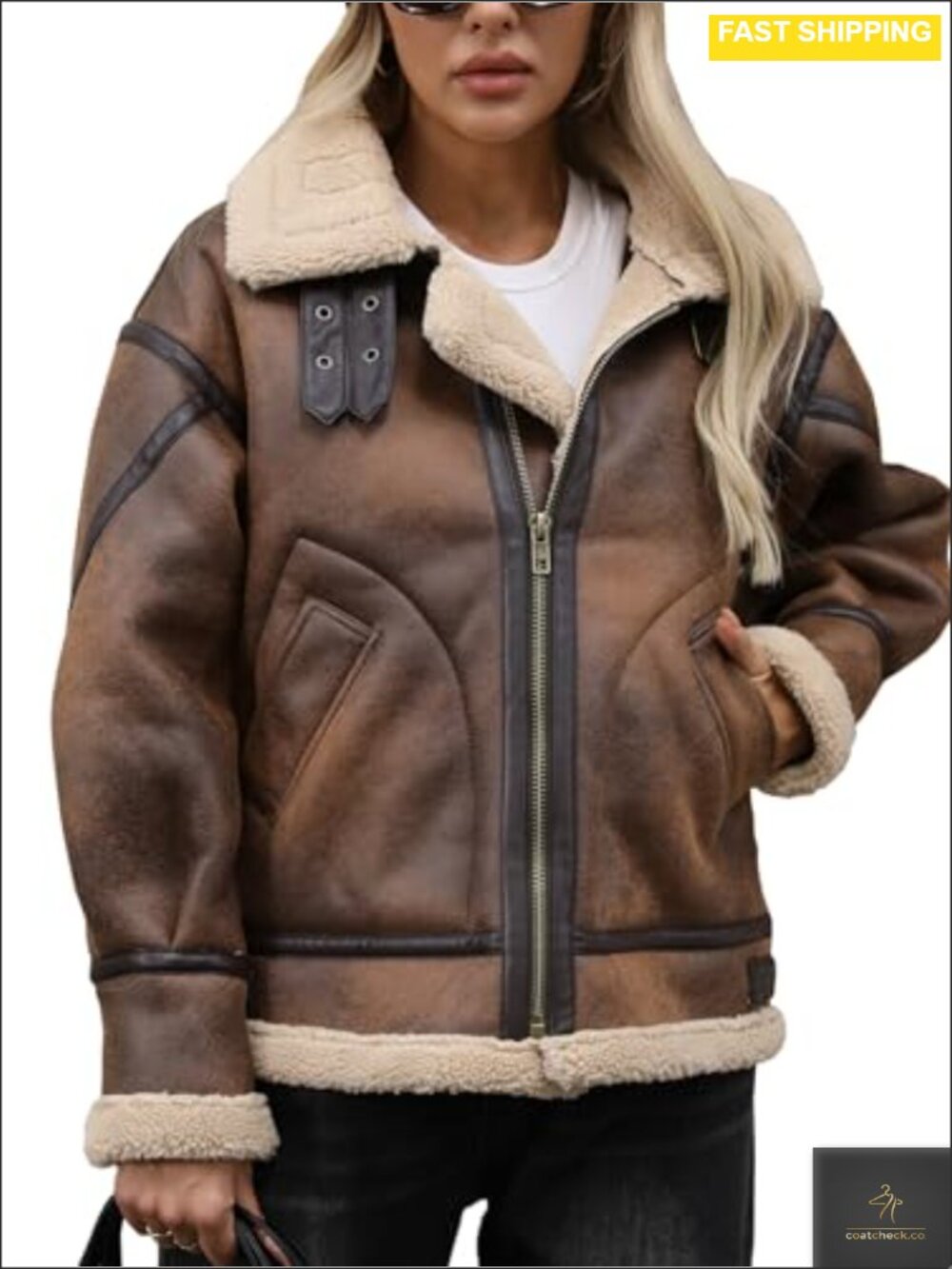 Faux Leather Jacket Sherpa Aviator Bomber Coat Loose Fit
